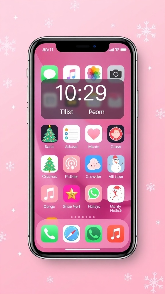 Pink Christmas themed iPhone layout with snowflakes and festive icons.